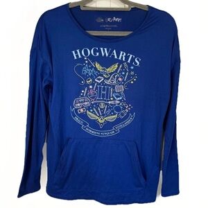 Harry Potter Hogwarts Long Sleeve Sleep Top Small Blue Wizarding World Lounge PJ